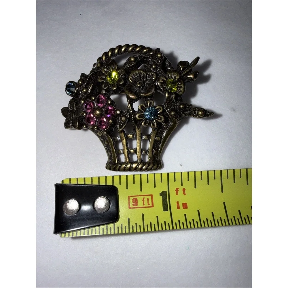 Vintage‎ Brooch Floral Basket Multi Rhinestone GoldTone Floral Pin 1.25